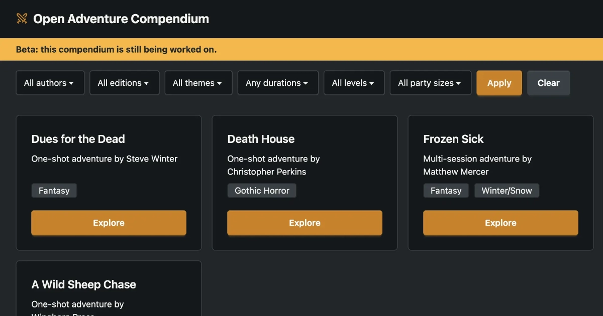 Open Adventure Compendium homepage design preview