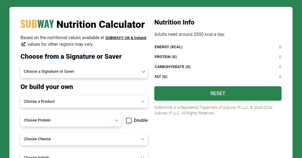 Subway Nutrition Calculator homepage design preview